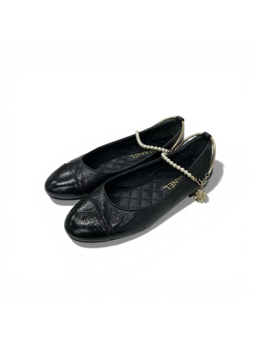 Chanel Flat Shoes Leather Black Gold CC Logo Camellia Processing Pearl Strap